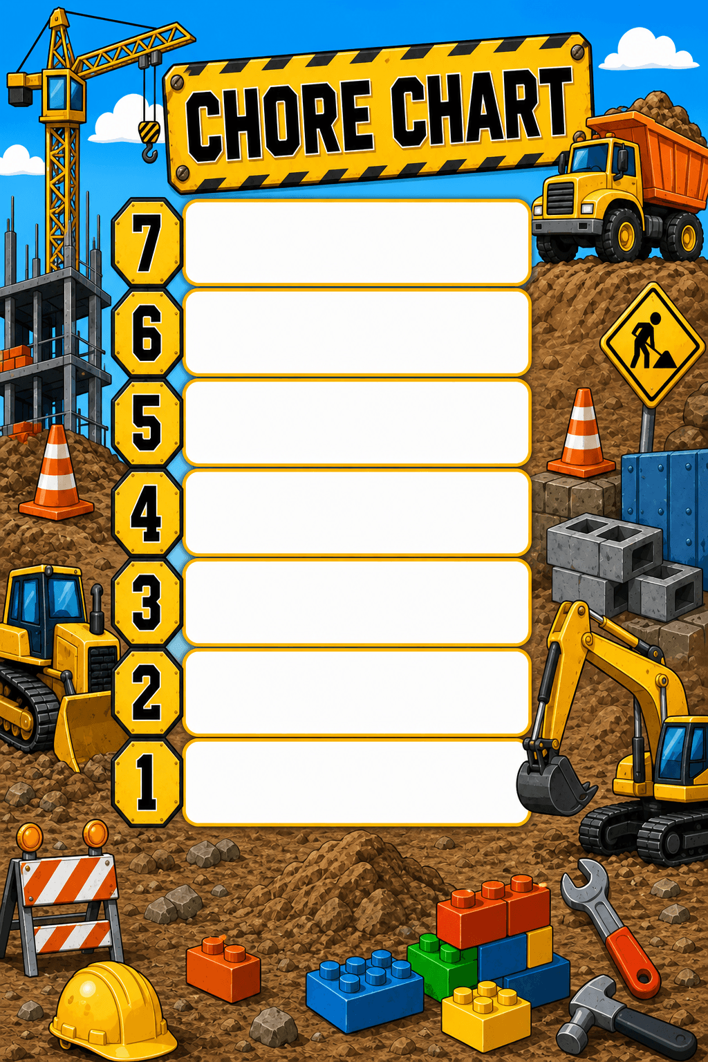 Construction Zone color chore chart template preview