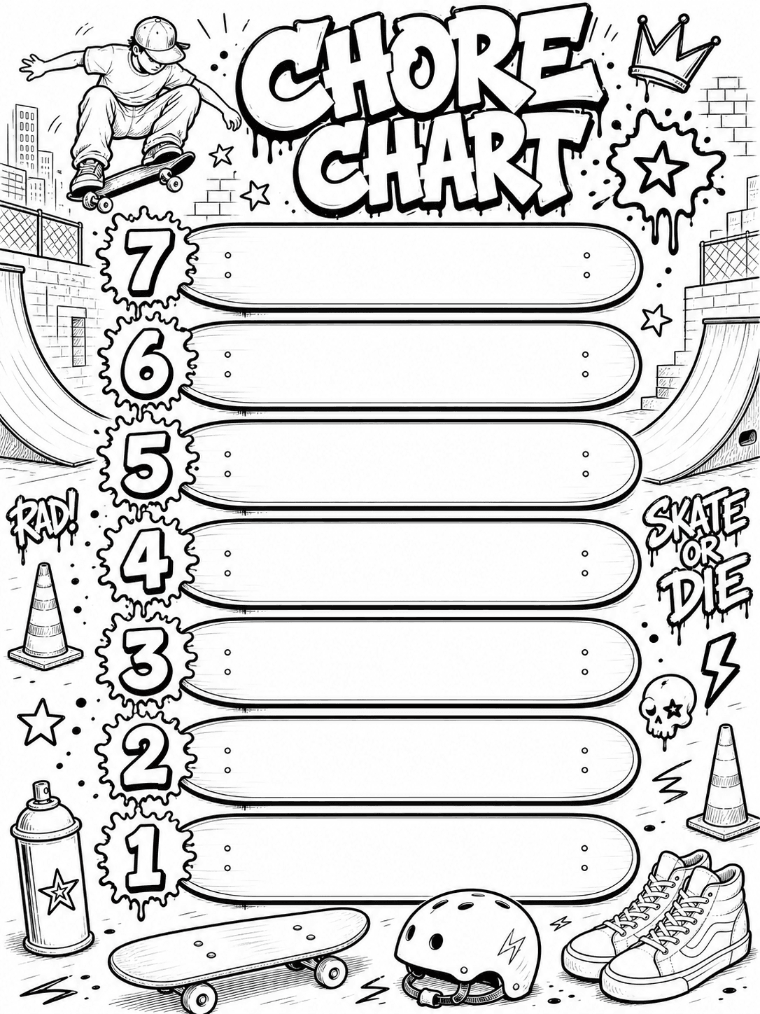 Black-and-white space chore chart template for kids