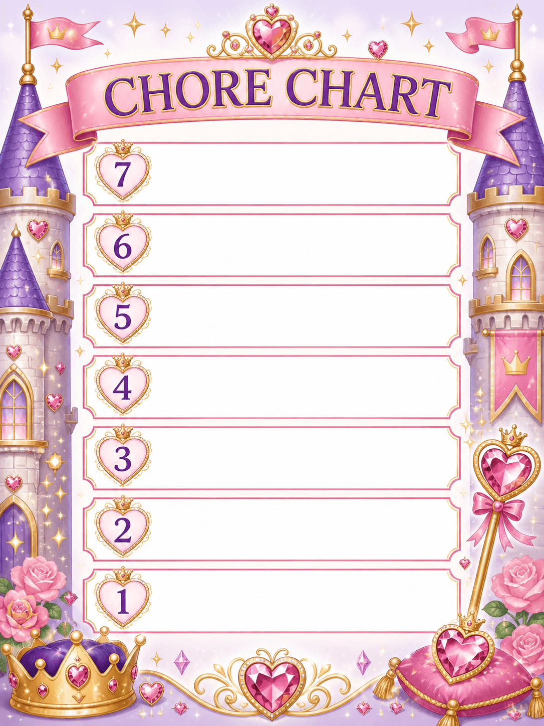 Editable princess chore chart template with blank chore lines